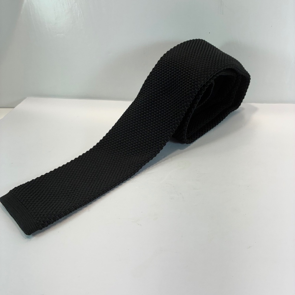 Men's Black Square Knit Tie Solid Skinny Flat Bottom Necktie 2X56 Inch